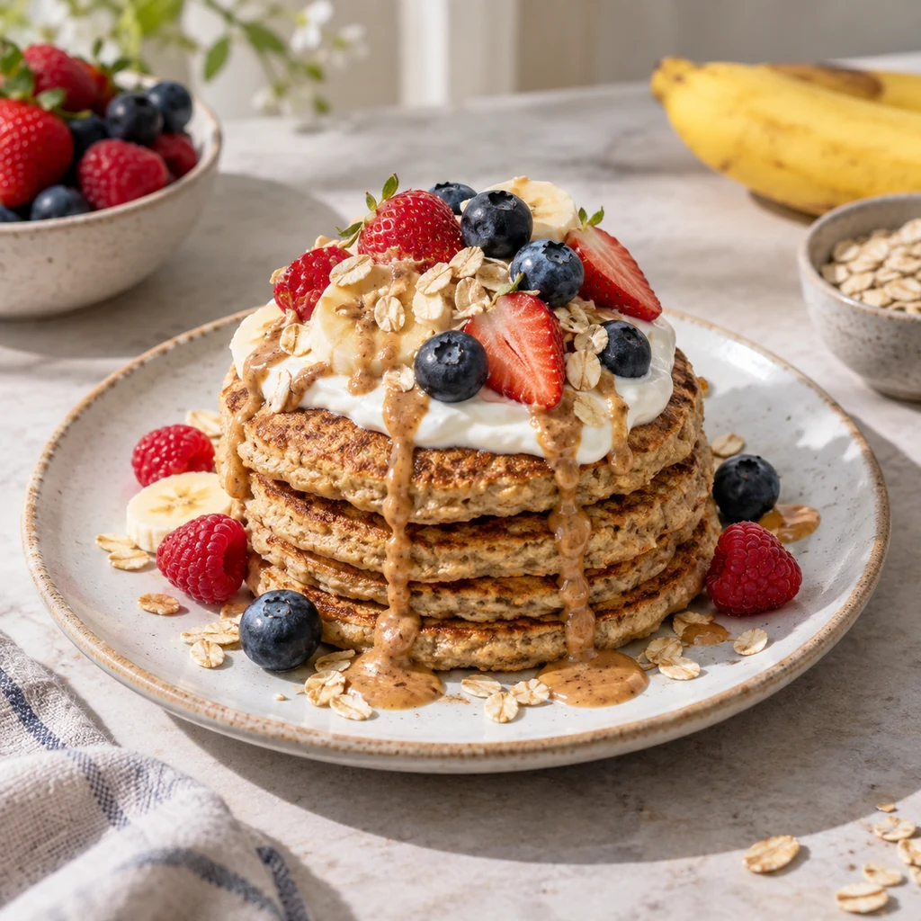 Egg-free oat protein pancakes with yogurt, berries, and nut butter.