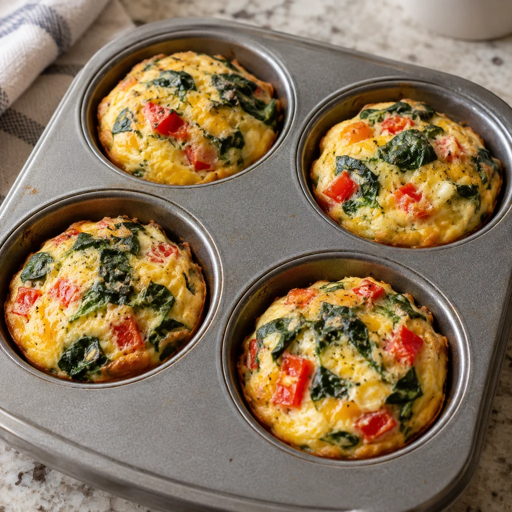 Baked egg muffins with spinach and red bell pepper in a muffin tin