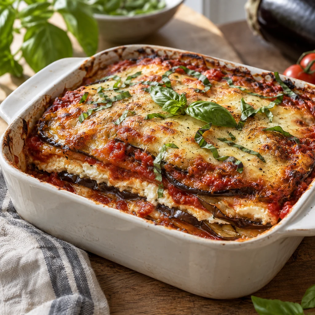 Eggplant lasagna layered with marinara, ricotta, and mozzarella