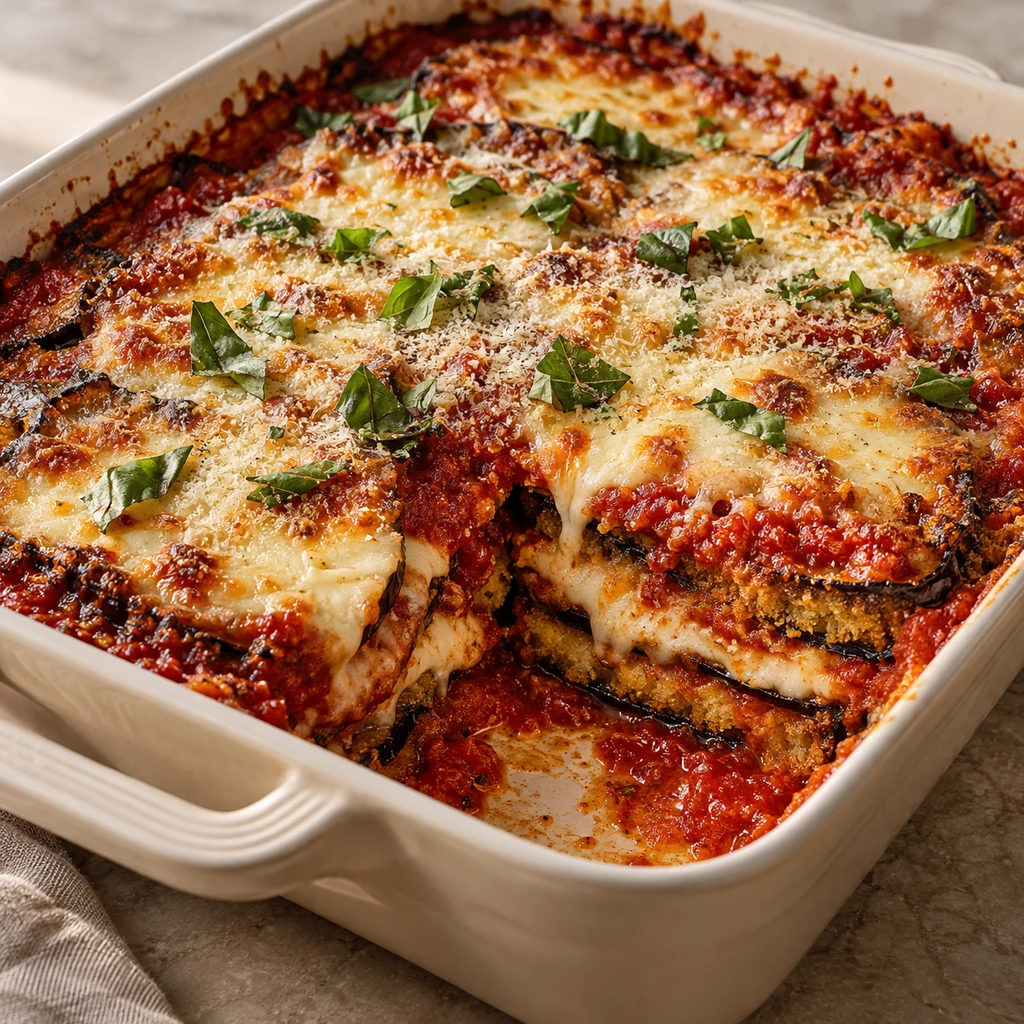 Baked Eggplant Parmesan with bubbling golden mozzarella, tomato sauce, and visible layered eggplant in a casserole dish