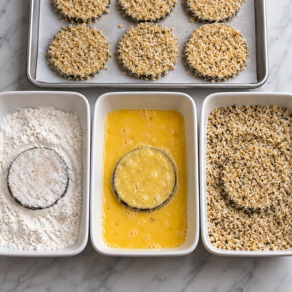 Eggplant rounds moving through separate dishes of flour, beaten egg, and Parmesan breadcrumb coating