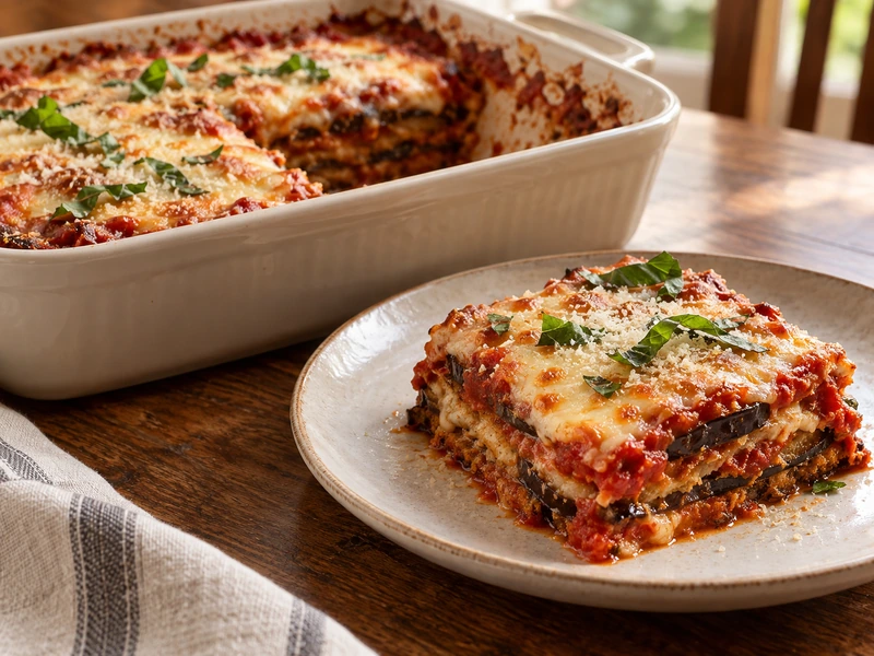 Baked Eggplant Parmesan in a casserole dish with one neat layered serving on a plate