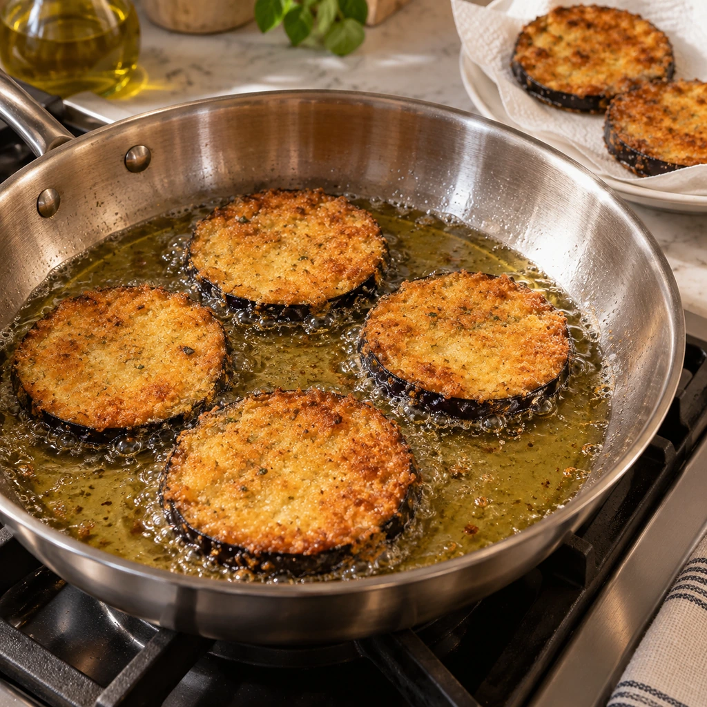 Breaded eggplant rounds shallow-frying in olive oil until evenly golden brown in a wide skillet
