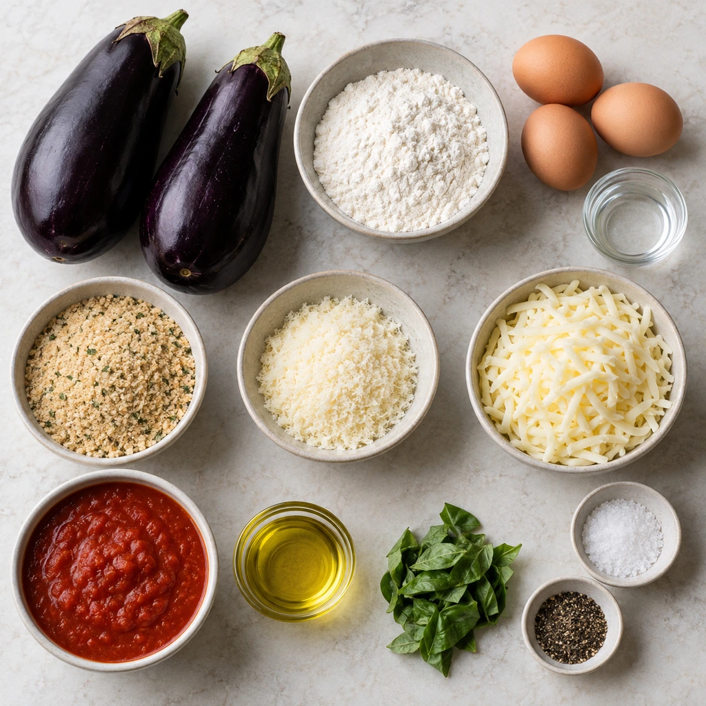 Eggplants, flour, eggs, breadcrumbs, Parmesan, marinara, mozzarella, olive oil, basil, salt, pepper, and water arranged for Eggplant Parmesan