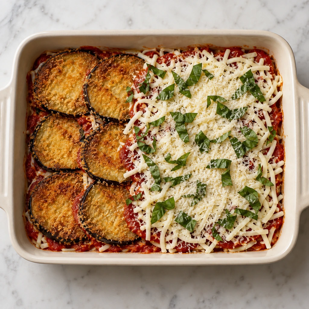 Golden breaded eggplant layered with marinara, mozzarella, Parmesan, and basil in a 9-by-13-inch baking dish