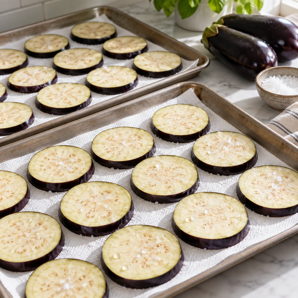 Half-inch eggplant rounds arranged in a single layer with a light, even coating of kosher salt