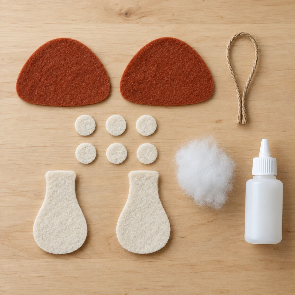 Cut felt cap, stem, and dot pieces arranged for one mushroom ornament