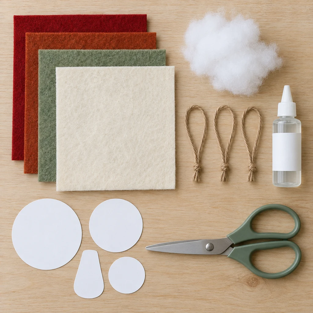 Felt, twine, stuffing, fabric glue, templates, and closed scissors for mushroom ornaments