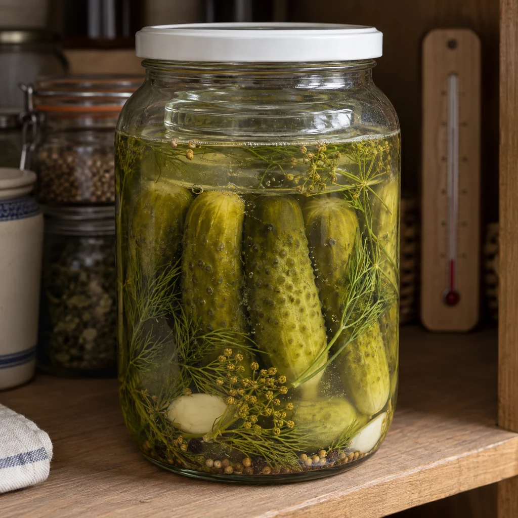 Weighted cucumber pickles fermenting in cloudy brine with small bubbles
