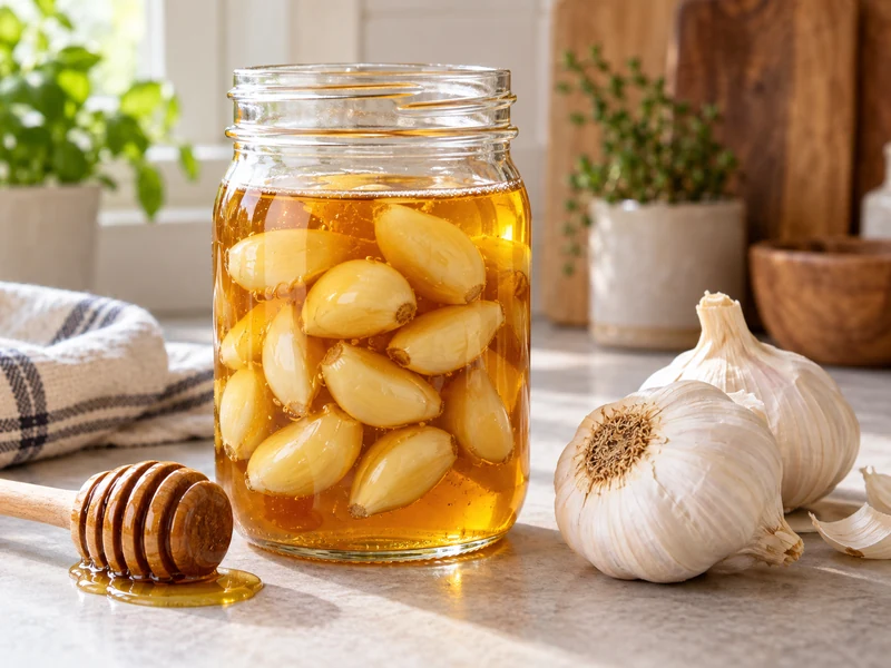 Fermented garlic honey in a clear glass jar with fresh garlic and a honey dipper.