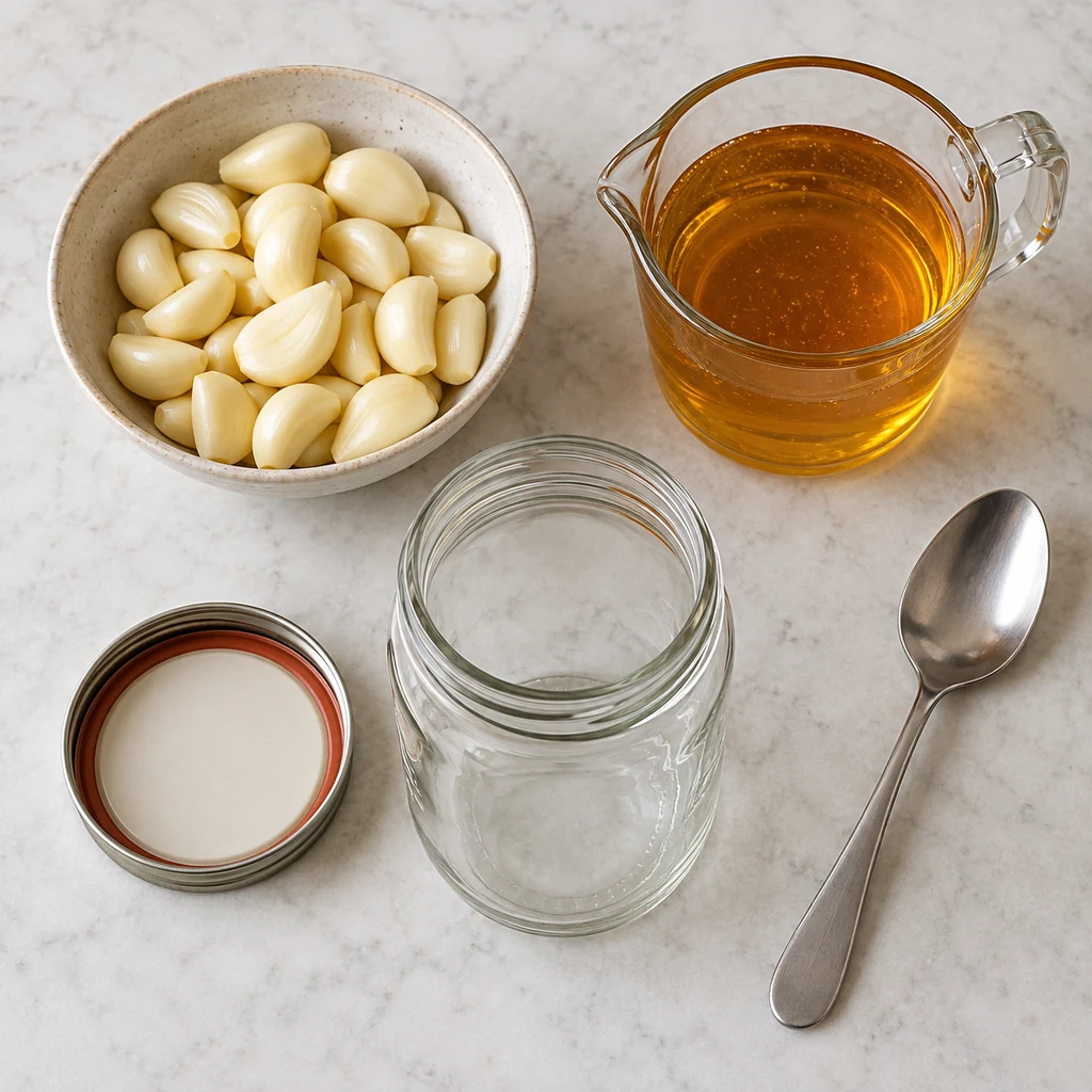 Peeled fresh garlic cloves, pure honey, a clean glass jar, and a clean spoon for fermented garlic honey