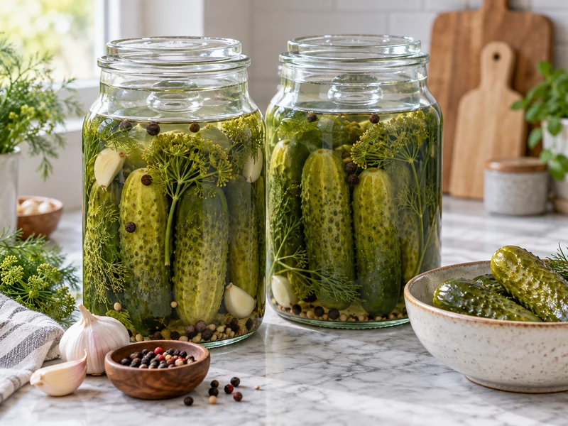 Homemade fermented dill pickles in clear glass jars with dill and garlic.
