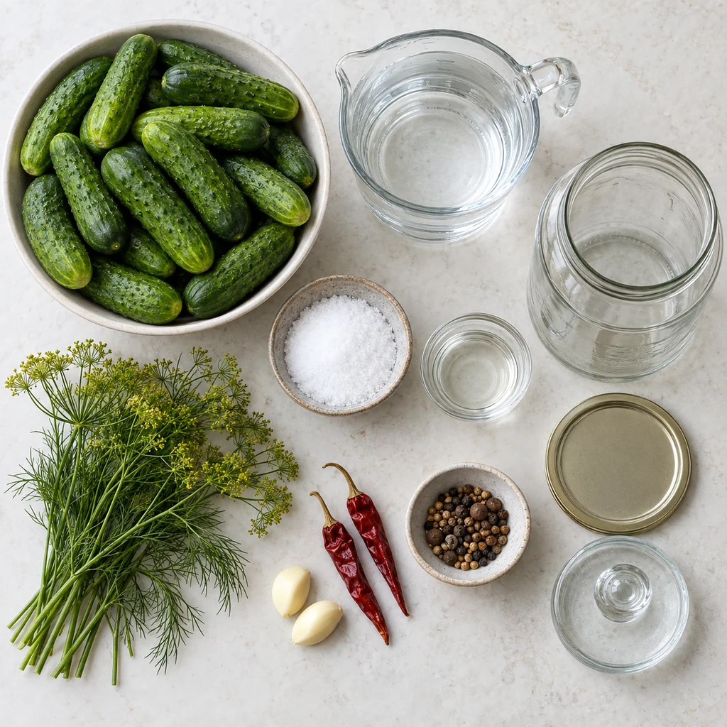 Fresh pickling cucumbers, water, pickling salt, vinegar, dill, garlic, and a clean fermentation jar