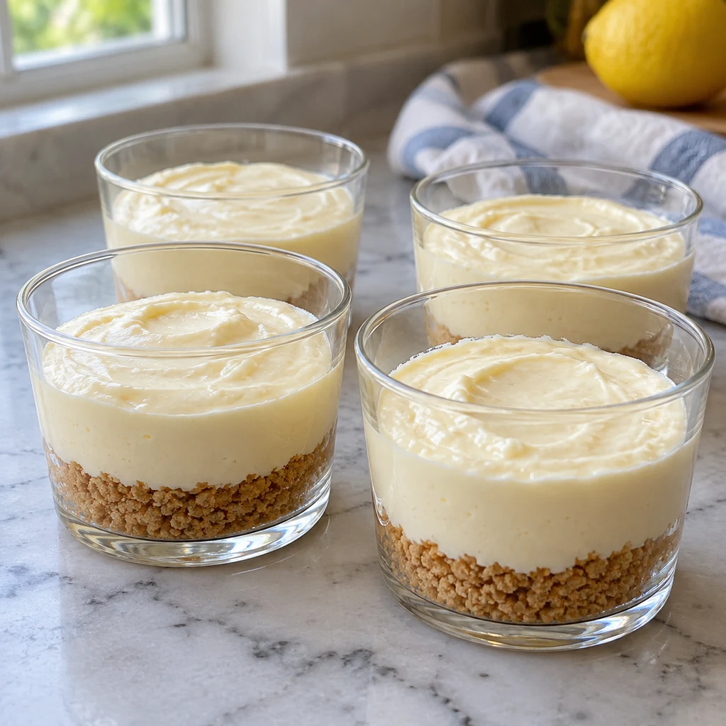 Pale lemon cheesecake filling layered over biscuit bases in four clear cups
