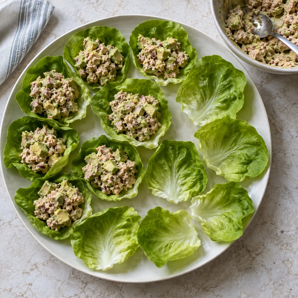 Avocado tuna salad being portioned into butter-lettuce leaves on a platter