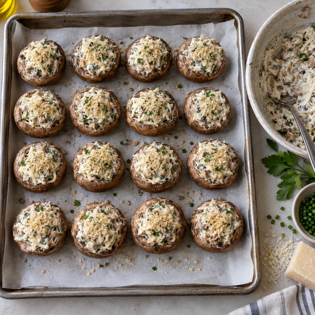 Mushroom caps filled with cheese, cooked stems, herbs, and a light breadcrumb topping