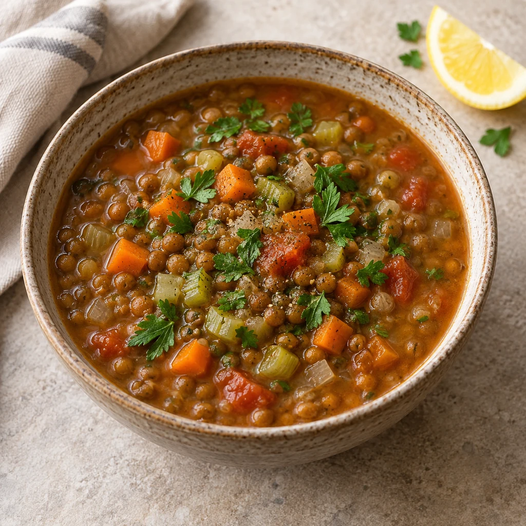 Finished simple lentil soup with parsley and lemon in a ceramic bowl