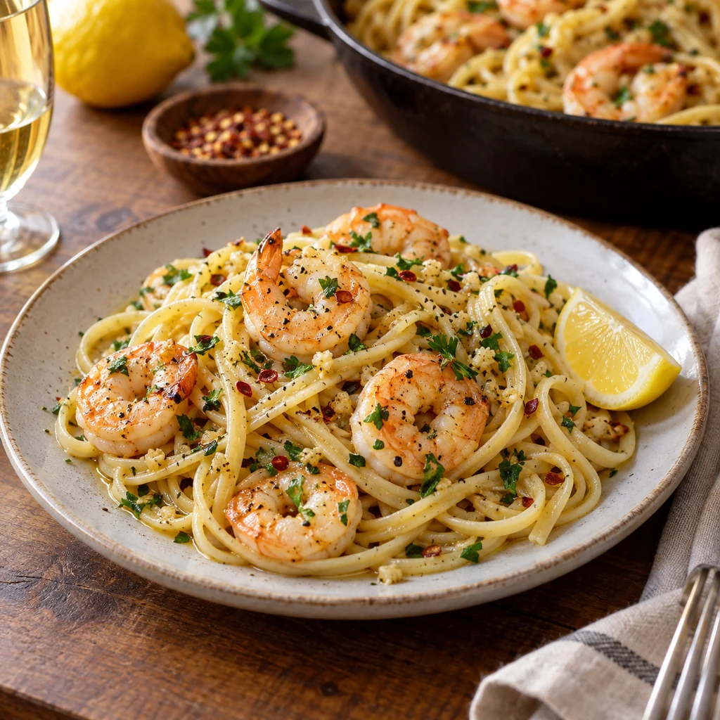 Finished garlic butter shrimp linguine with parsley, black pepper, chili flakes, and lemon