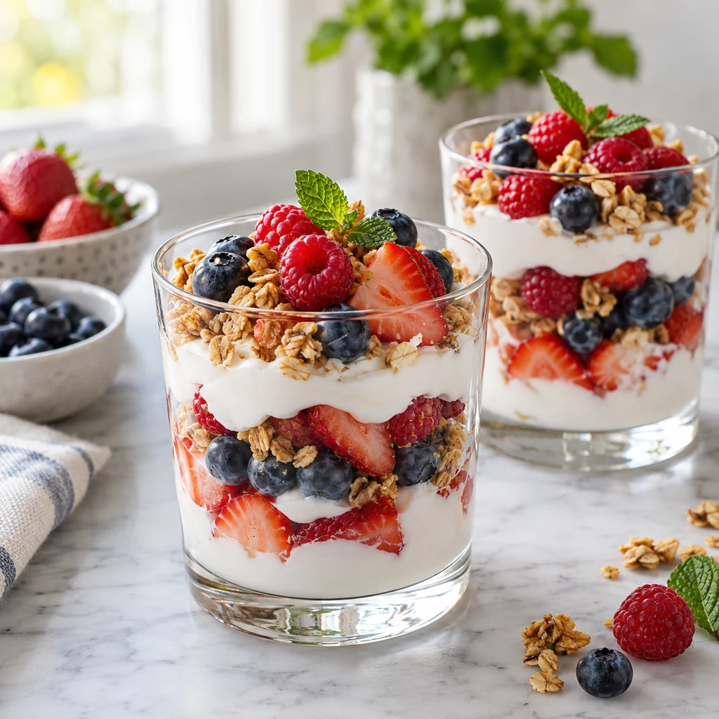 Two finished Greek yogurt berry parfaits topped with granola, berries, and mint