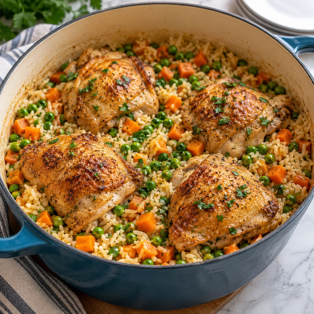Fully cooked golden chicken thighs over fluffy rice, carrots, and green peas with chopped parsley