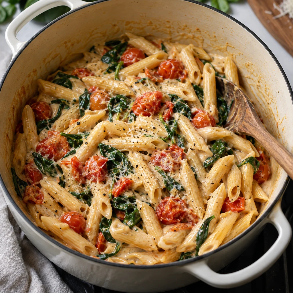 Creamy penne with wilted spinach, softened tomatoes, and Parmesan in one pot.