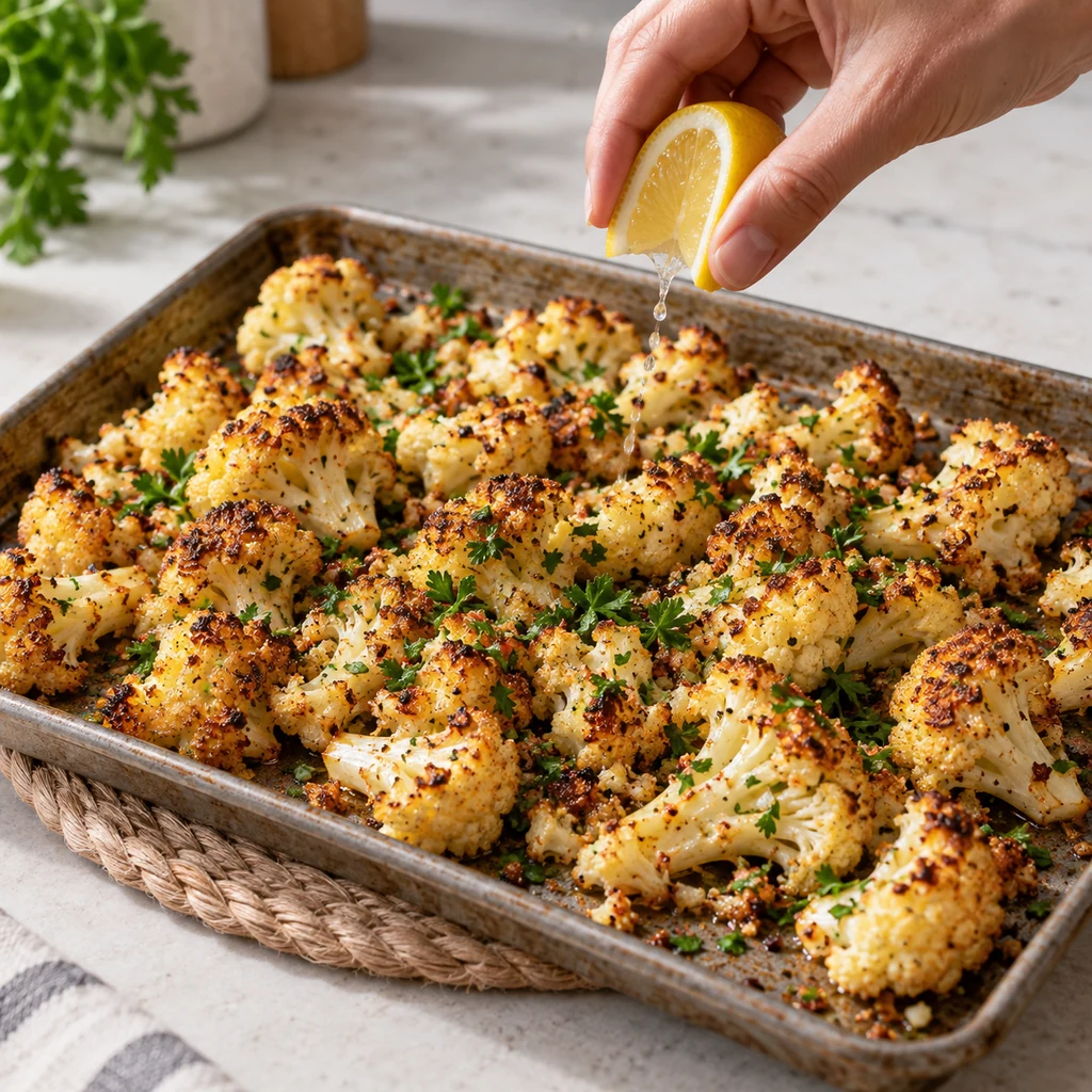 Golden garlic roasted cauliflower finished with parsley and fresh lemon