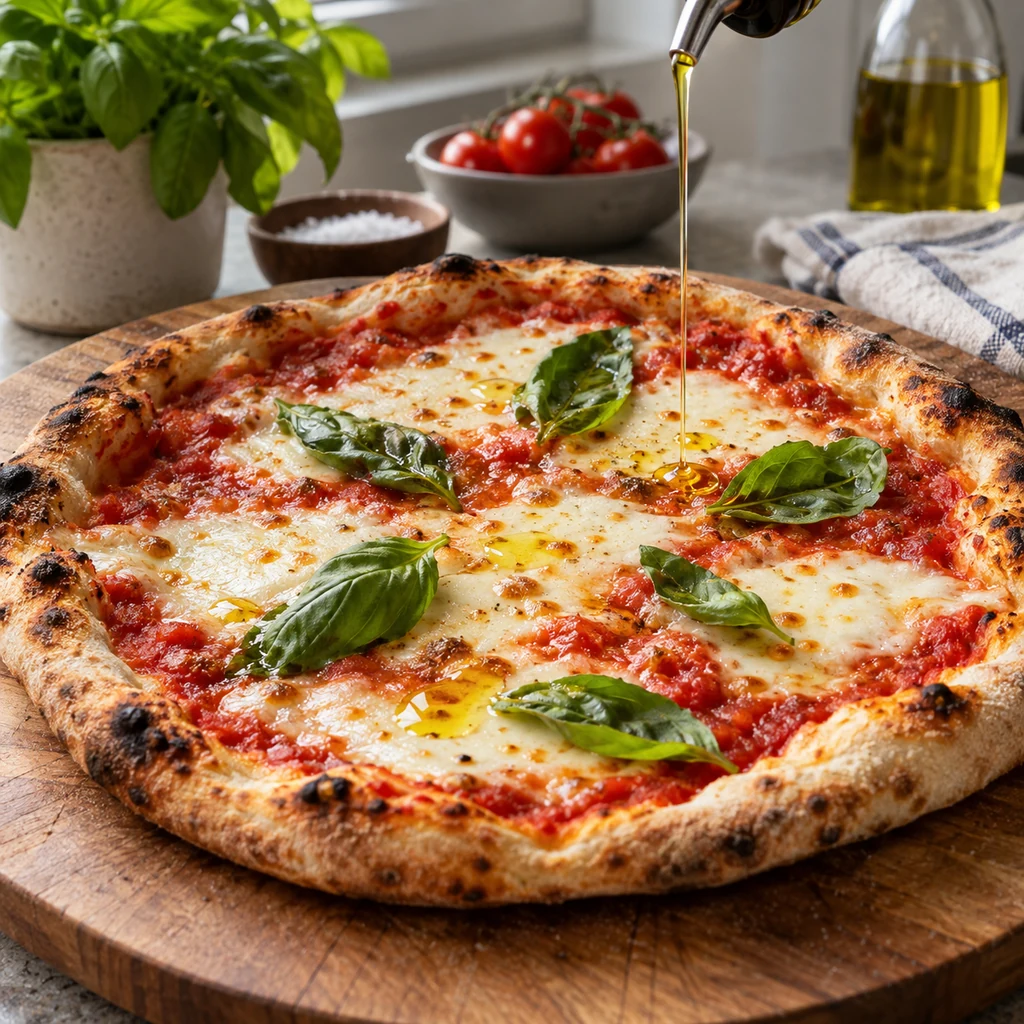 Fresh basil leaves and olive oil added to a baked Margherita pizza