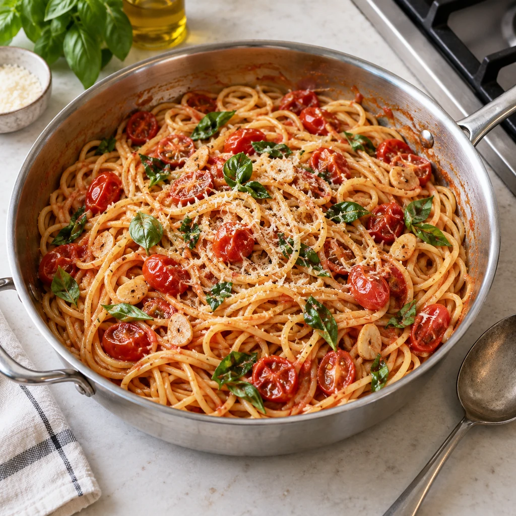 Finished tomato basil pasta with Parmesan in the cooking pan