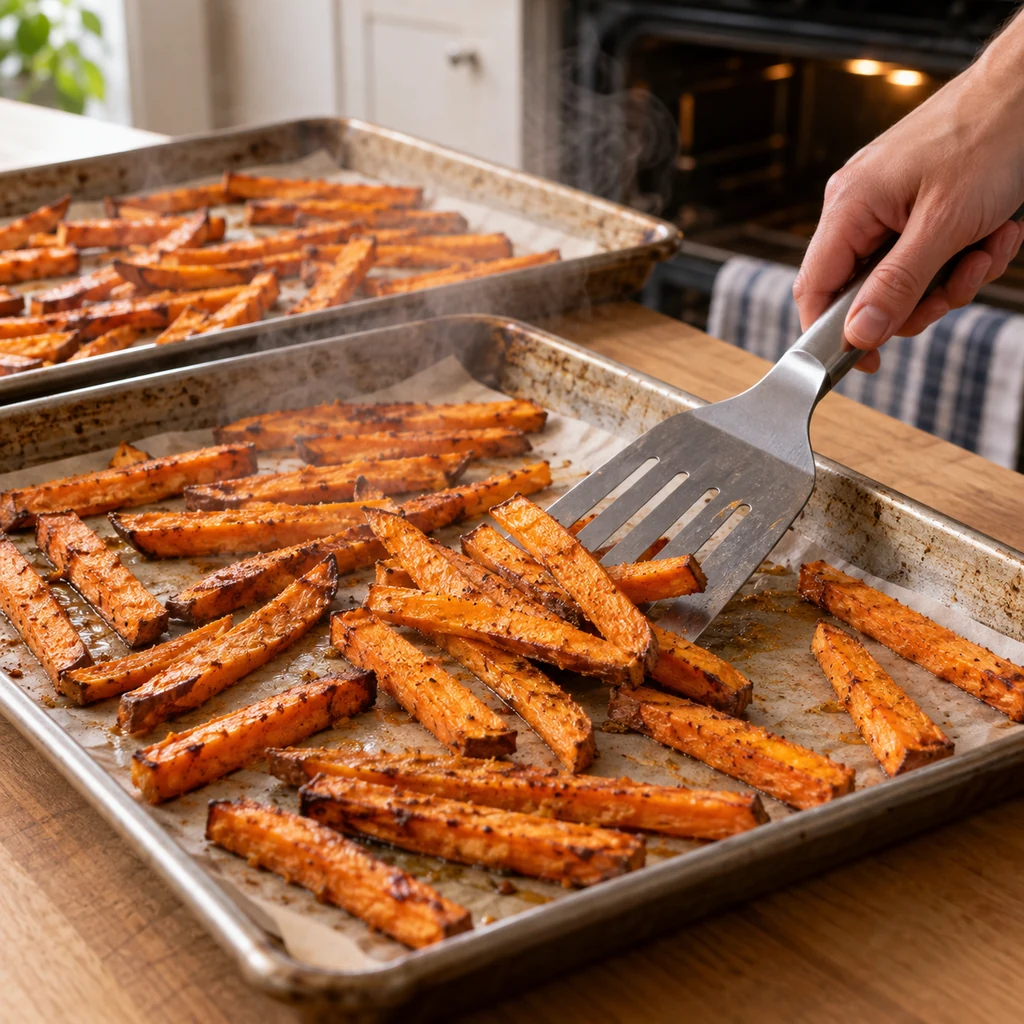 Partially browned sweet potato fries being flipped with a spatula halfway through oven baking