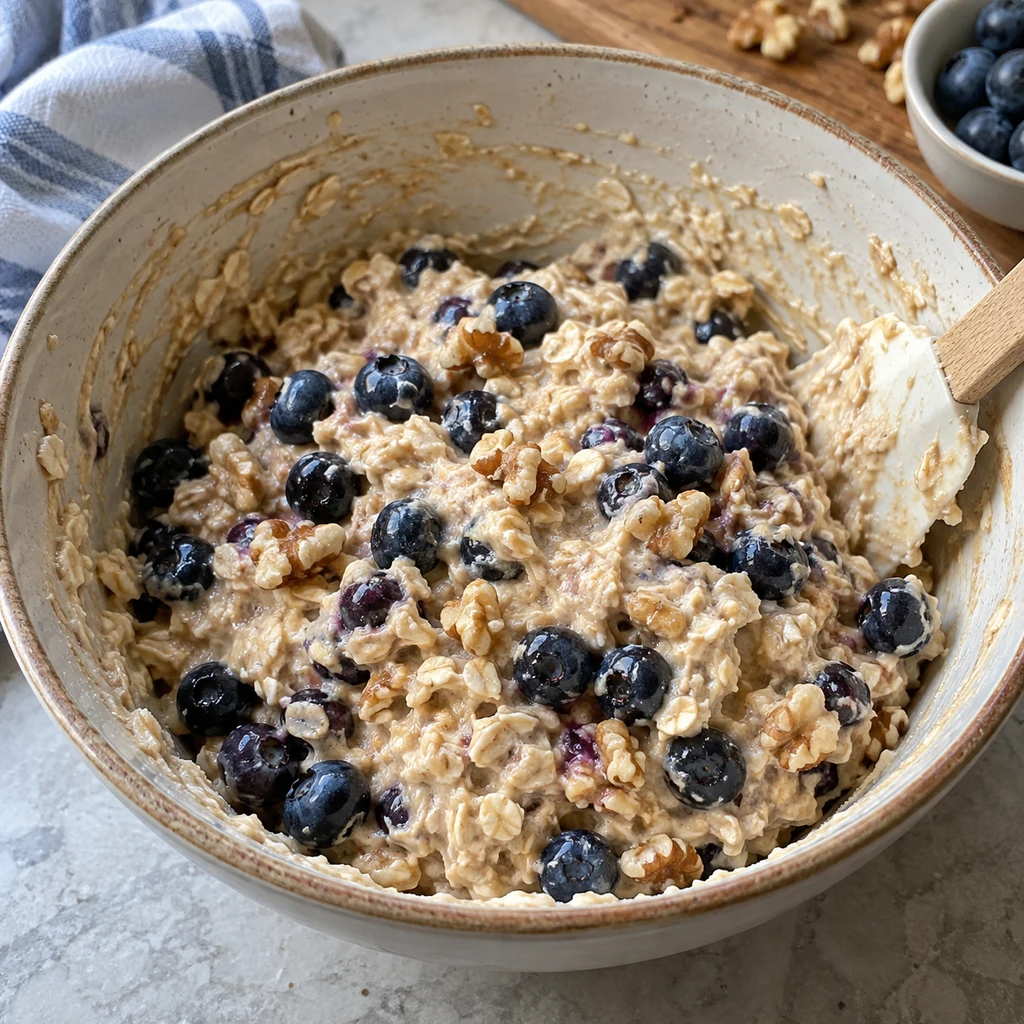 Whole blueberries and chopped walnuts folded into thick uncooked oat batter
