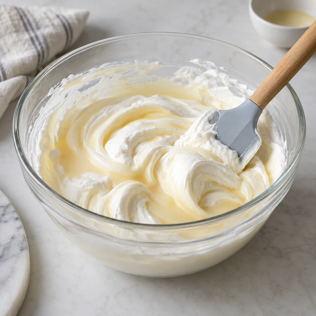 Sweetened condensed milk folded gently into whipped cream
