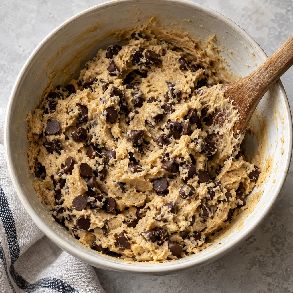 Semisweet chocolate chips folded through thick raw cookie dough