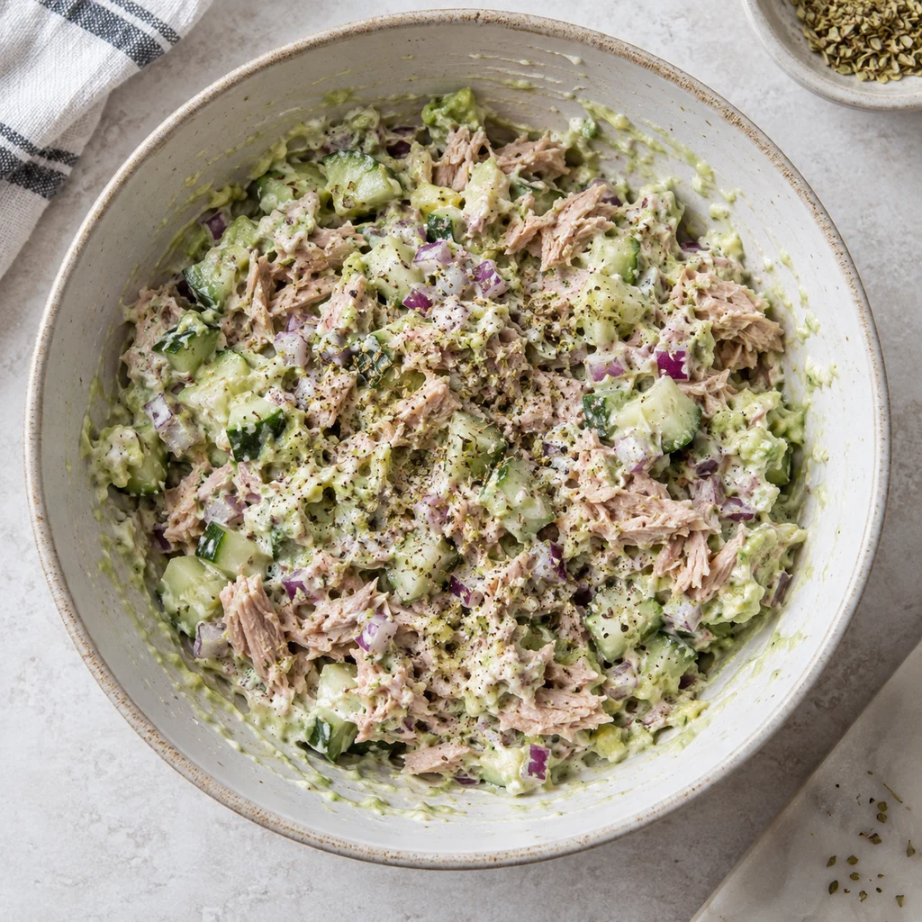 Flaked tuna, cucumber and red onion folded into a chunky avocado mixture