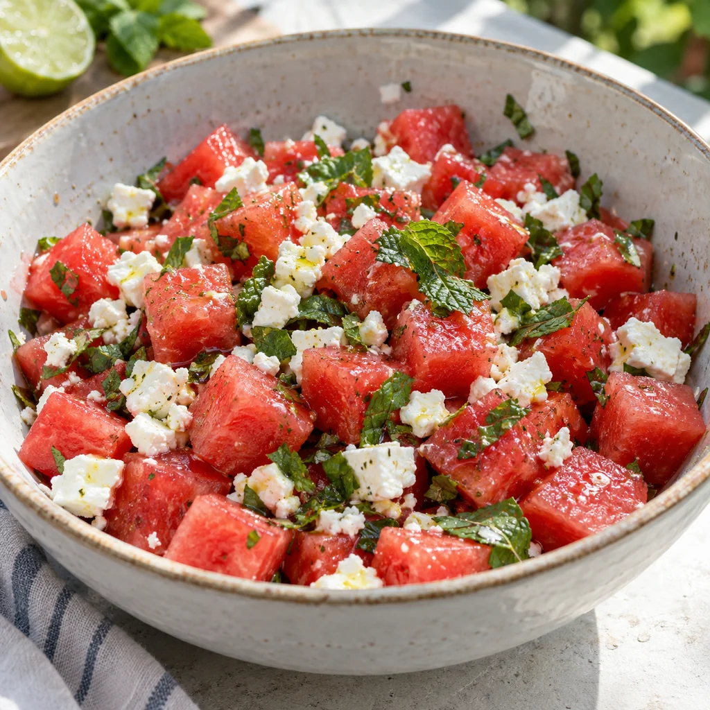 Watermelon, feta and mint being gently combined with light lime dressing