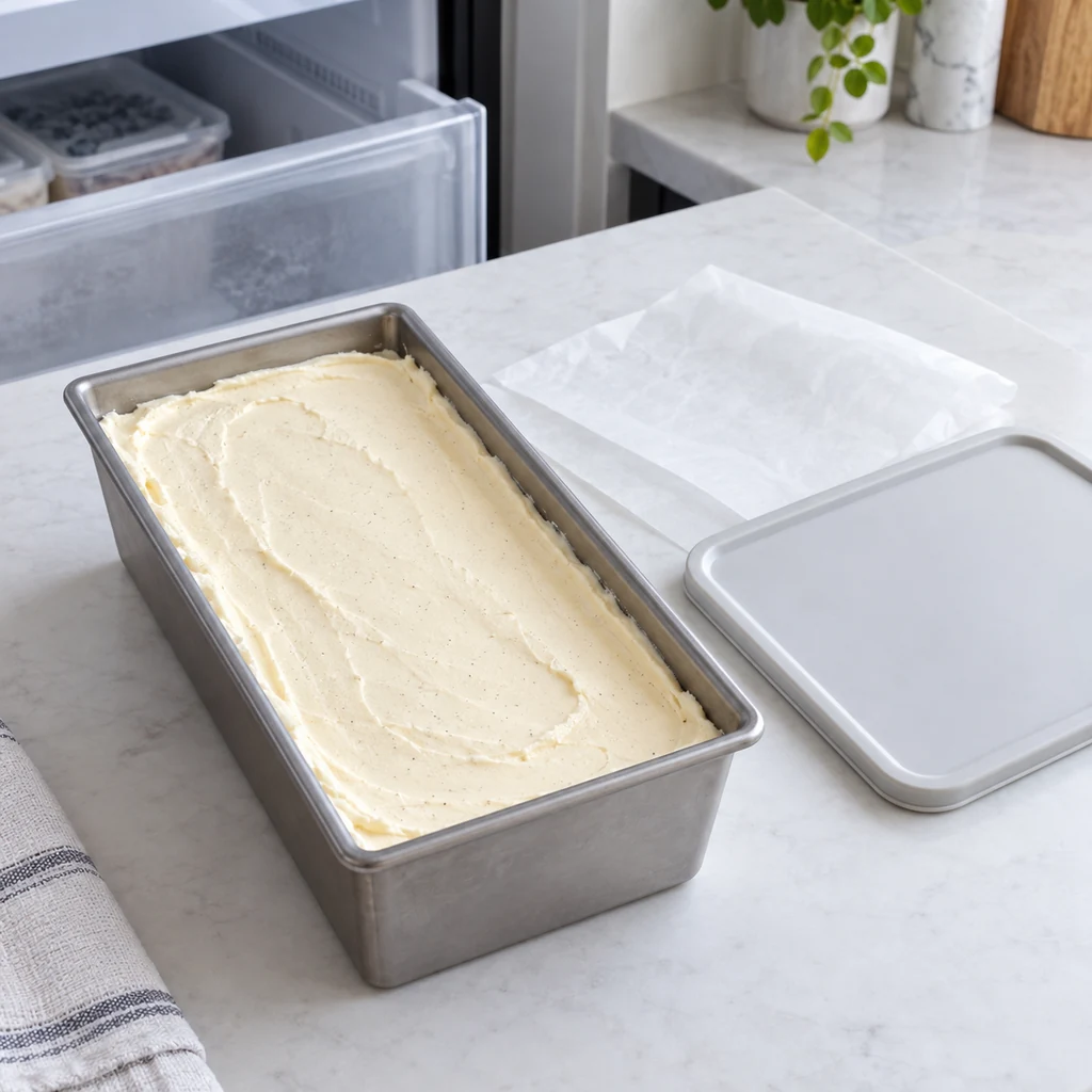 No-churn ice cream base in a loaf pan ready for freezing