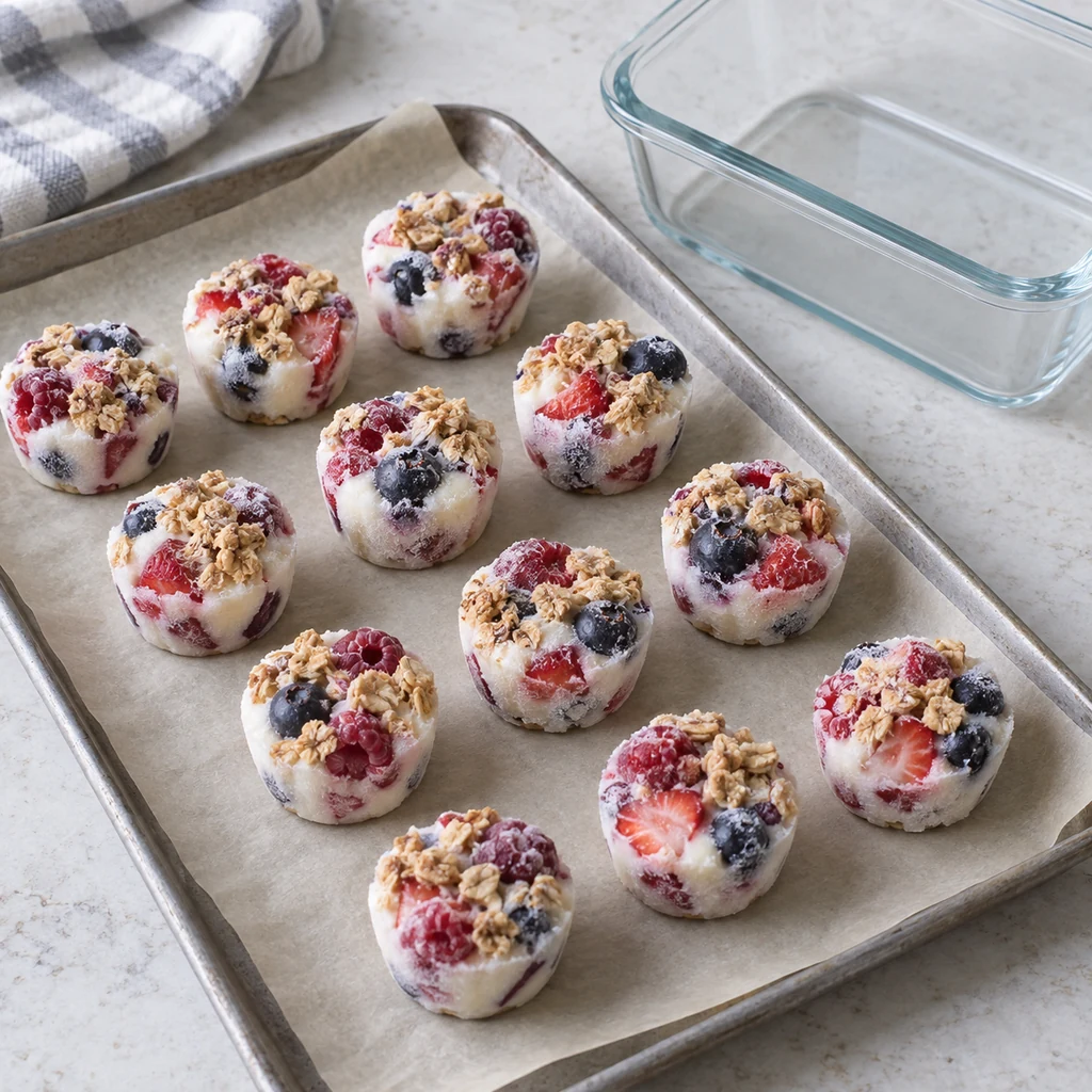 Twelve fully frozen yogurt berry bites on parchment beside a freezer container