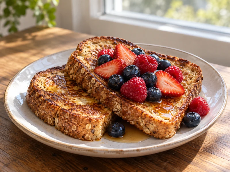 Two golden whole grain French toast slices with mixed berries