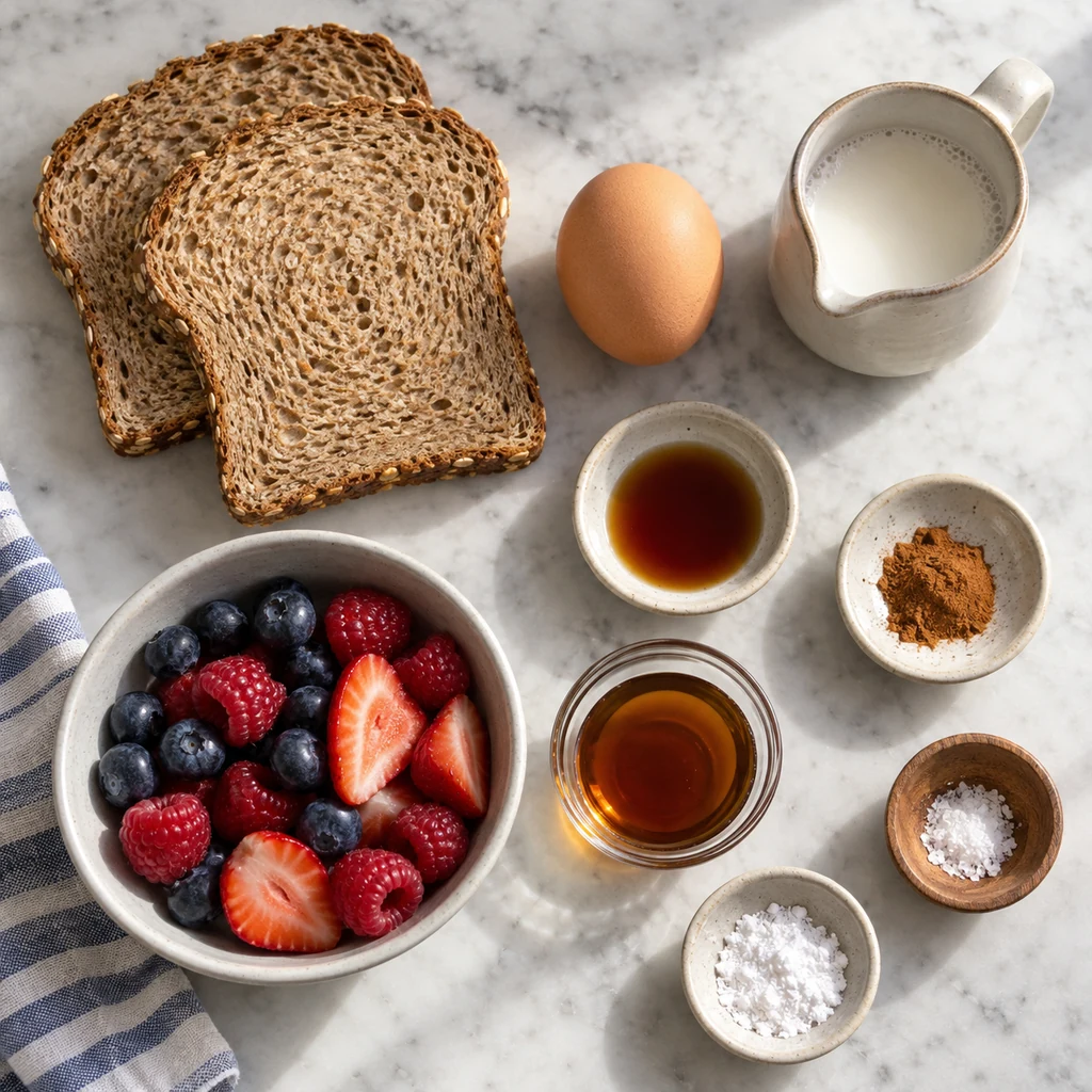 Whole grain bread, egg, almond milk, vanilla, cinnamon, mixed berries, optional maple syrup and powdered sugar, and salt