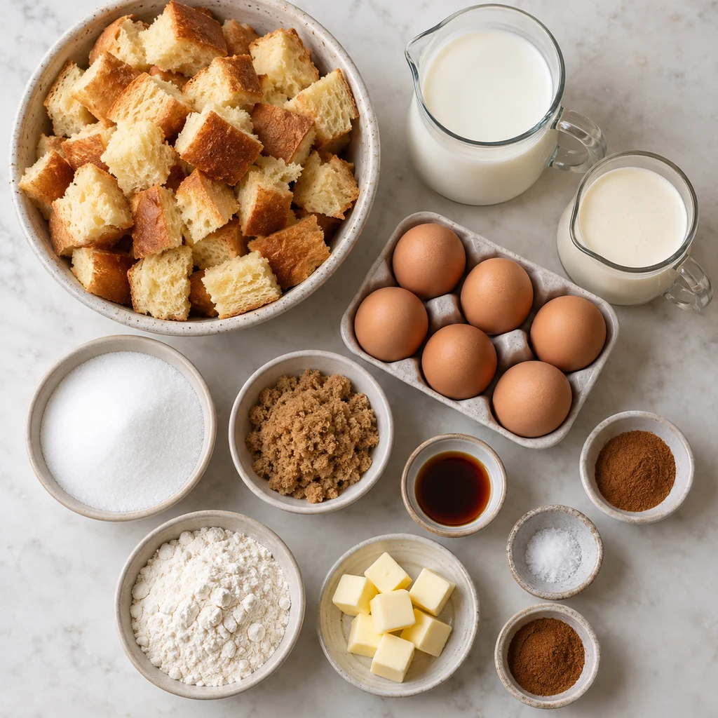 Cubed brioche, eggs, milk, cream, sugars, vanilla, cinnamon, salt, flour, and butter for French toast casserole
