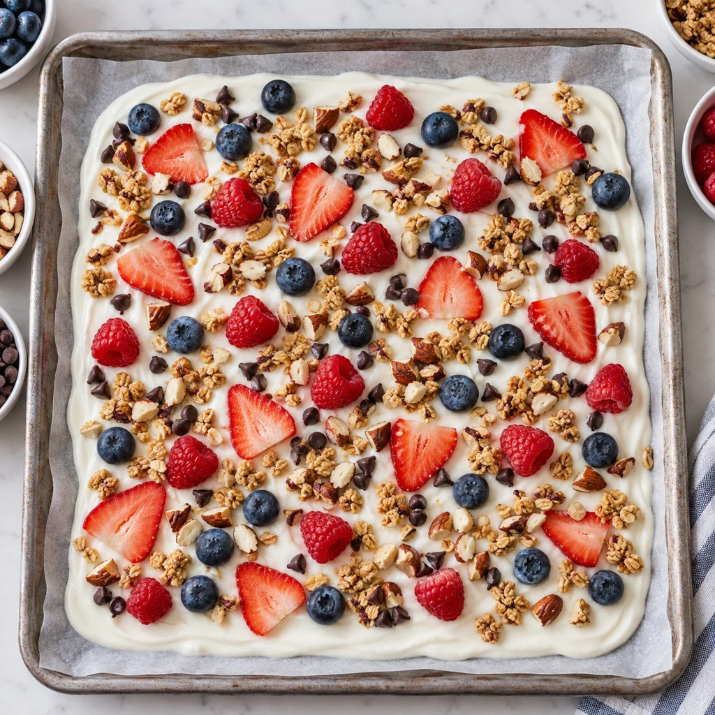 Berries, granola, almonds, and chocolate chips scattered over yogurt