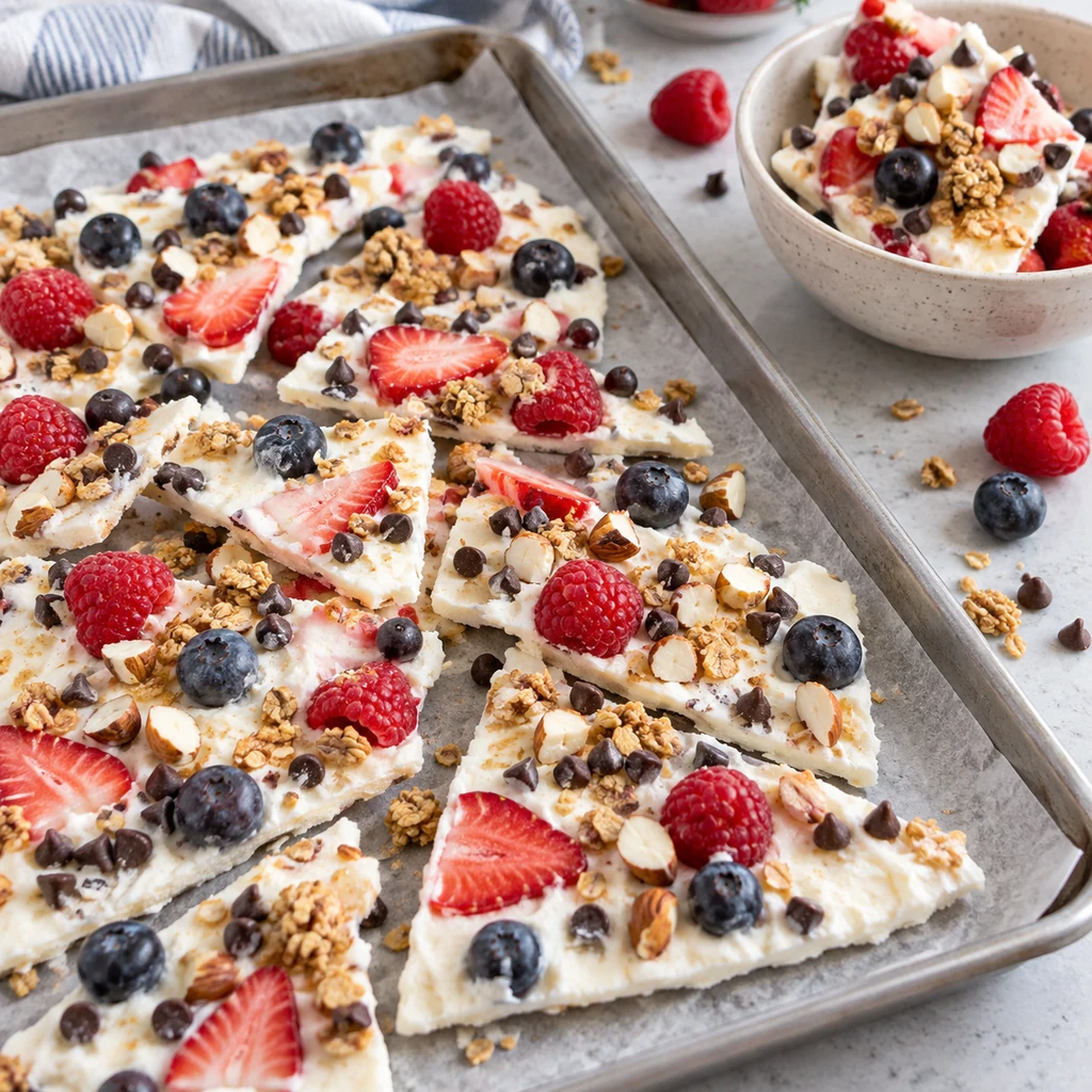 Frozen yogurt bark broken into pieces for serving
