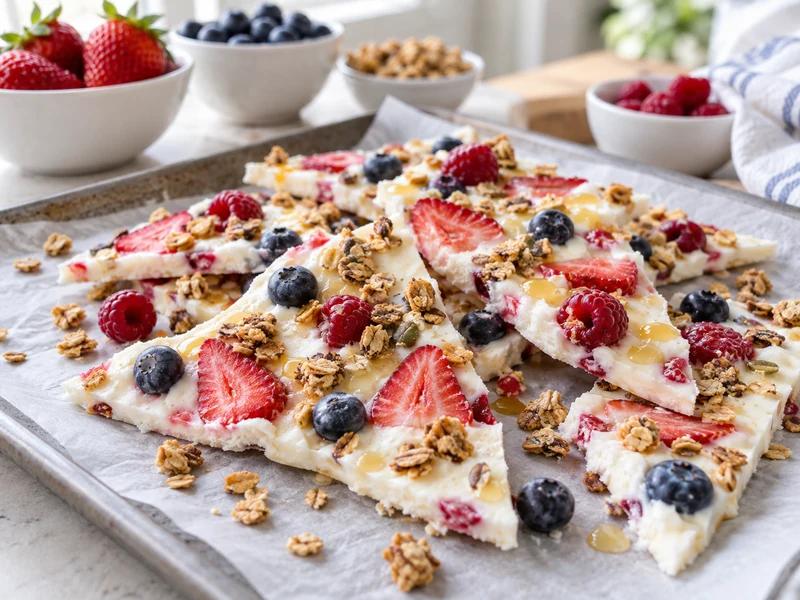 Frozen yogurt bark pieces with berries, granola, almonds, and honey