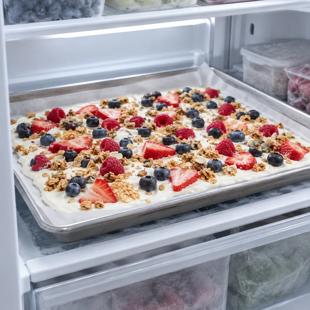 Topped yogurt bark tray freezing flat on a freezer shelf