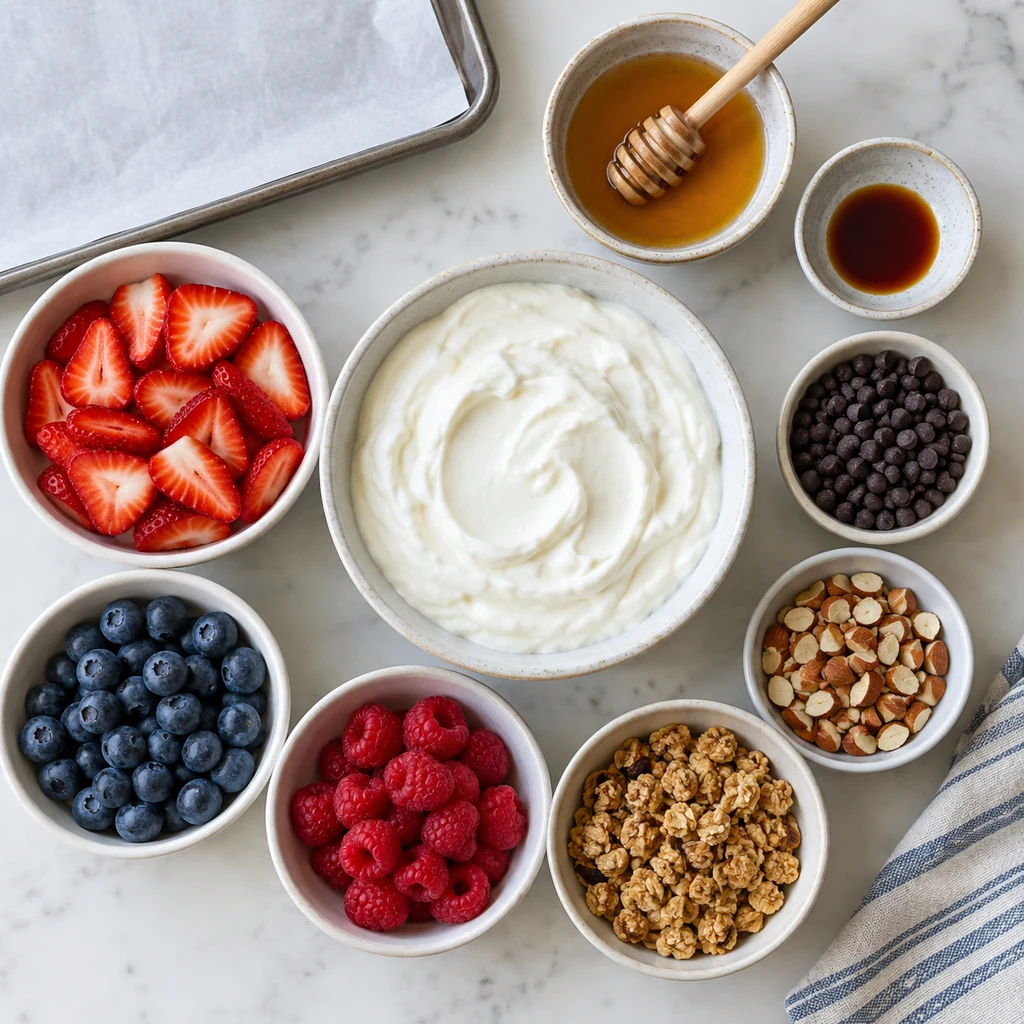 Ingredients for frozen yogurt bark arranged on a kitchen counter
