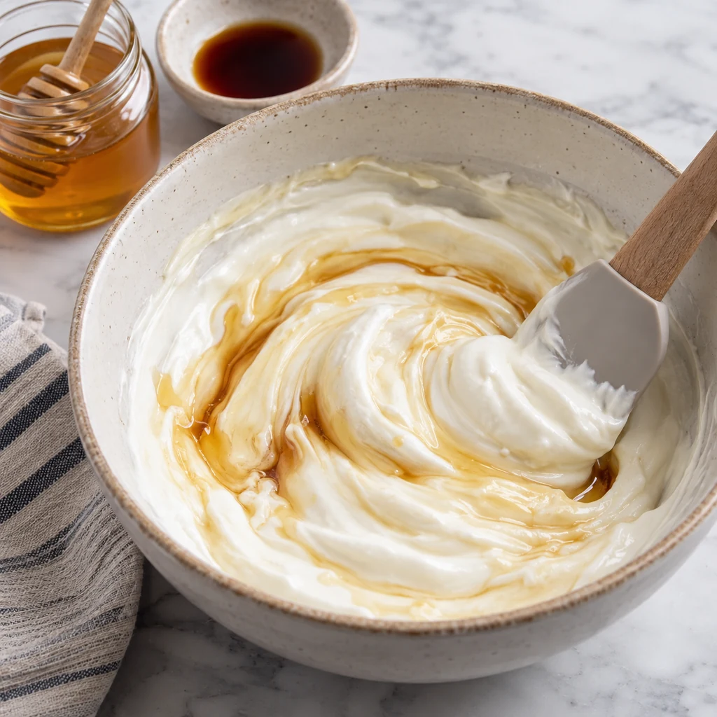 Greek yogurt mixed with honey and vanilla for frozen yogurt bark