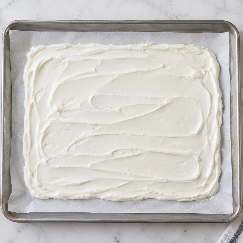 Sweetened yogurt spread on a parchment-lined sheet pan