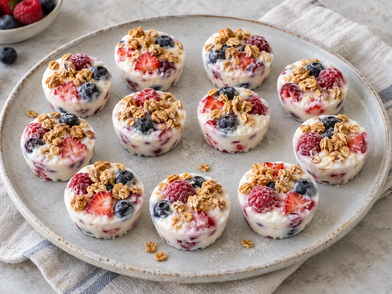Finished frozen yogurt bites with mixed berries and granola