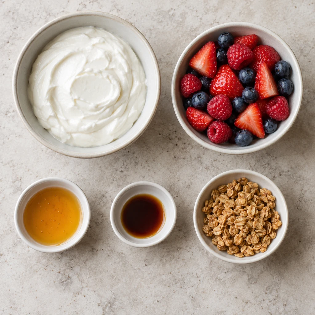 Greek yogurt, strawberries, blueberries, raspberries, honey, vanilla and granola for frozen yogurt bites