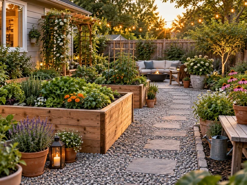 DIY backyard garden with raised beds gravel path seating and warm lights