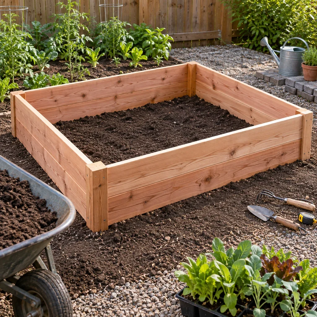 Wooden raised garden bed filled with soil in a backyard